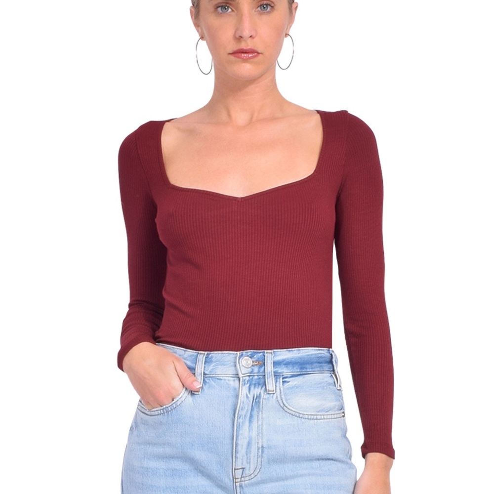 ba&sh Burgundy Long Sleeve Fitted Ribbed Tee